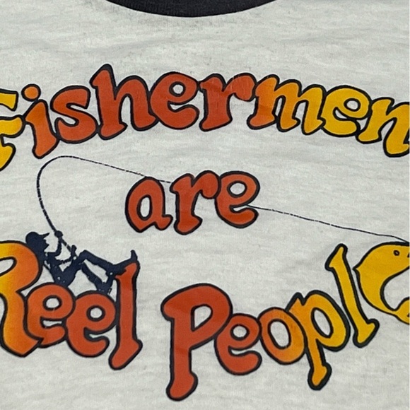 Vintage 1980s Fisherman Are Reel People Ringer 80s Crewneck Tee Top Shirt - Picture 3 of 4